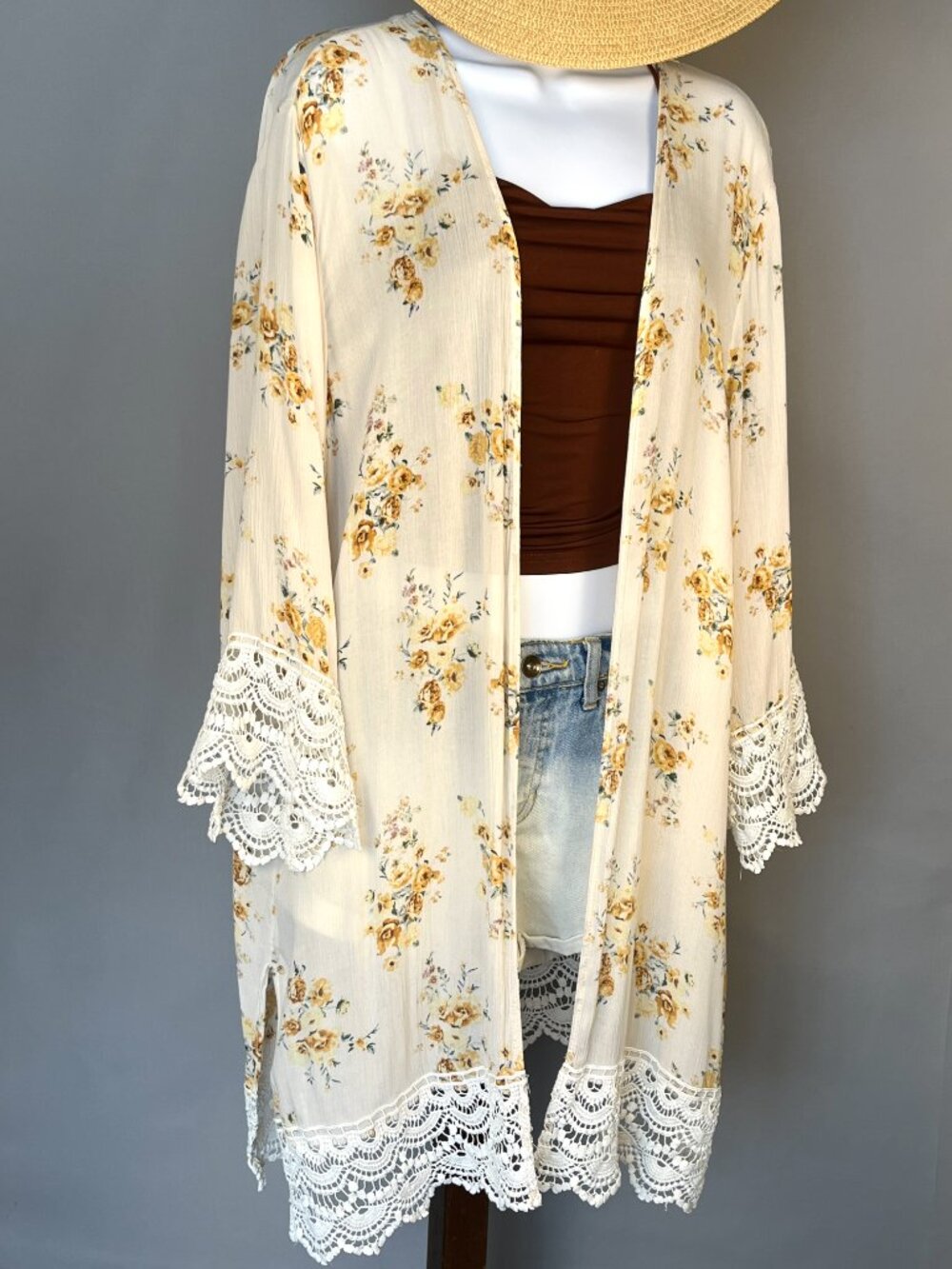 Mason & Belle Laria Floral Open Front Kimono Crochet Trim Cream XXL Boho Duster